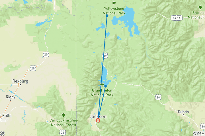 Map of Yellowstone and Grand Tetons Inn Based Tour