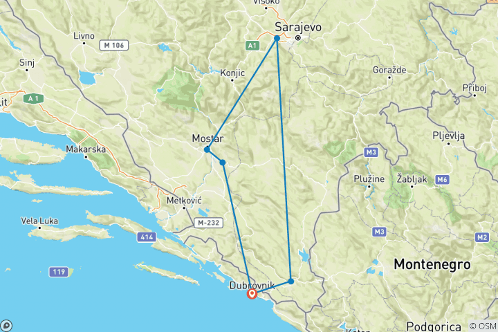 Kaart van Alle seizoenen 4 dagen Bosnië ontdekkingstocht vanuit Dubrovnik. Vjetrenica Grot. UNESCO plaatsen. Natuur. Wijn. Keuken. Schilderachtige wegen, Architectuur. Cultuur. Geschiedenis. Oude steden. Oude kloosters.