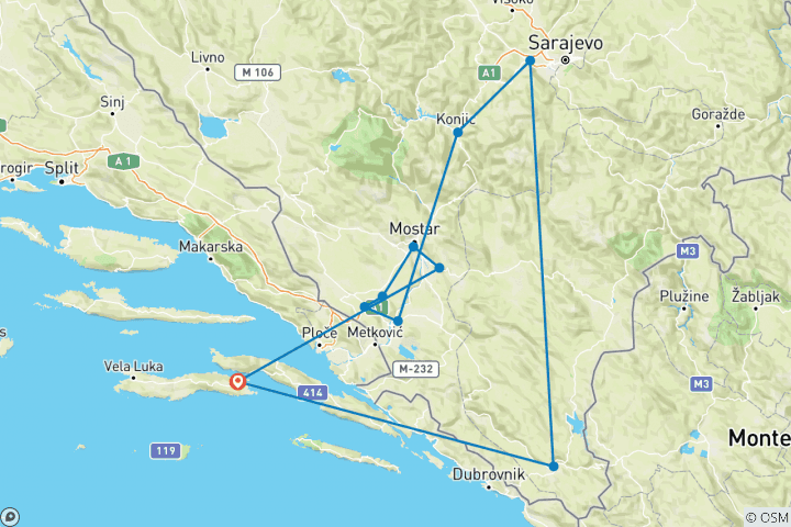 Kaart van Alle seizoenen. Mooie Bosnië 5 dagen ontdekkingstocht vanuit Korcula. UNESCO sites. Natuur. Architectuur. Cultuur. Wijn. Keuken. Geschiedenis. Oude steden. Oude kloosters. Watervallen. Grotten. Een onderbreking van uw dagelijkse routine.