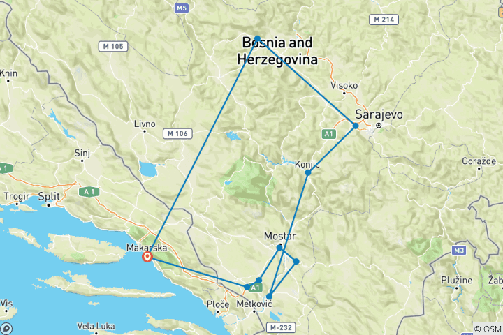 Karte von Das Beste aus Bosnien: Kravice Wasserfälle, Mostar, Blagaj, Pocitelj, Sarajevo, bosnische Pyramiden & Travnik (ab Makarska) - 4 Tage