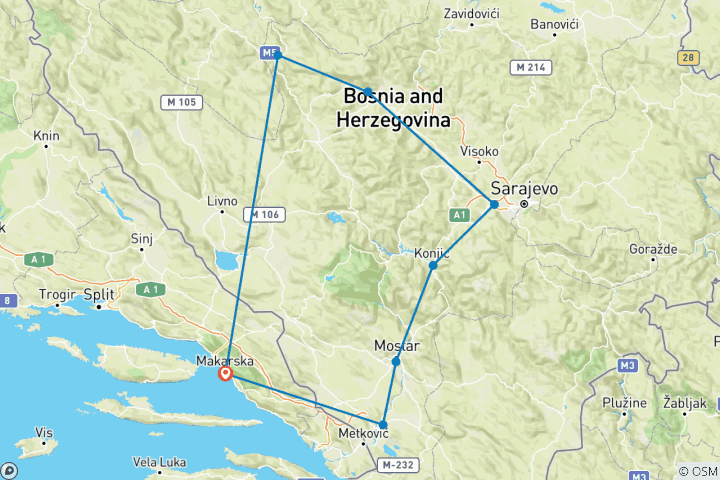 Karte von Alle Jahreszeiten. Genießen Sie Bosnien - Rundreise ab Makarska. Pocitelj, Mostar, Sarajevo, bosnische Pyramiden, Travnik, Jajce. UNESCO-Stätten. Natur. Architektur. Kultur. Wein. Kulinarik. Geschichte. Alte Städte. Antike Festungen. (4 Tage)