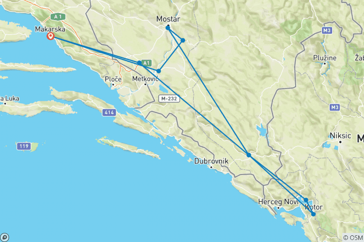 Karte von Ganzjährig: Bosnien + Montenegro Mini-Rundreise ab Makarska: Kotor, Perast, Kravice-Wasserfälle, Mostar, Pocitelj, Vjetrenica-Höhle, Trebinje. Mit UNESCO-Stätten wie altertümliche Klöster und Städte. Natur. Architektur. Kultur. Wein. Kulinarik. Gesc…