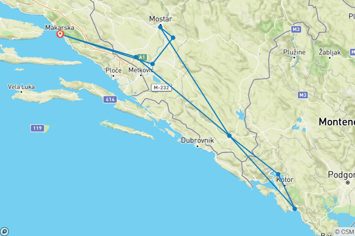 Karte von Ganzjährig: Bosnien + Montenegro Mini-Rundreise ab Makarska: Budva, Perast, Kravice-Wasserfälle, Mostar, Pocitelj, Vjetrenica-Höhle, Trebinje. Mit UNESCO-Stätten wie  altertümliche Klöster und Städte. Natur. Architektur. Kultur. Wein. Kulinarik. Ges…