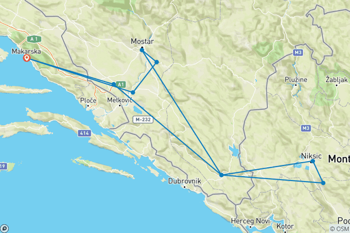 Mapa de Todas las estaciones Bosnia+montenegro Minicircuito de 4 días desde Makarska. monasterio de Ostrog. Mostar. cascadas de Kravice, cueva de Vjetrenica. Blagaj, Pocitelj, Trebinje. sitios de la UNESCO. naturaleza. arquitectura. cultura. vino. gastronom…