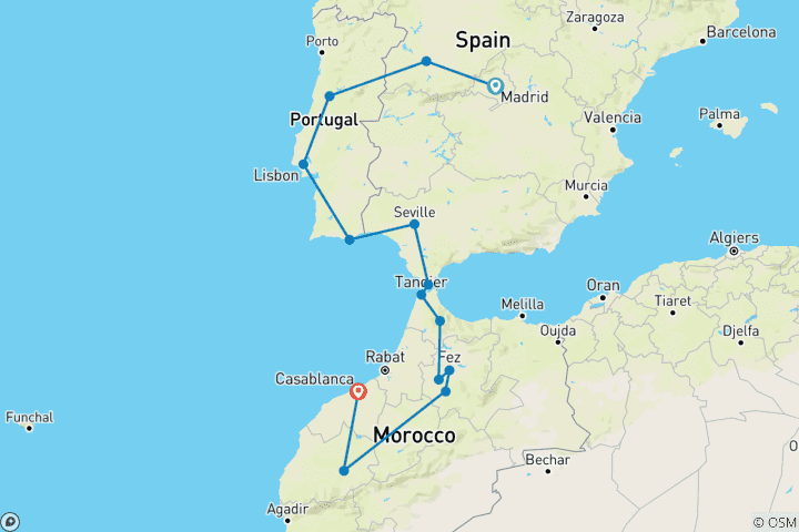 Map of Spain, Portugal and Morocco Overland Group Tours