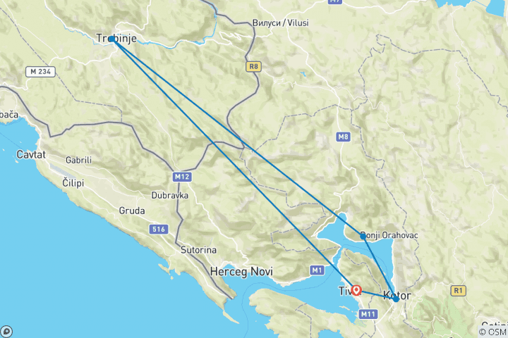 Mapa de Mini circuito Bosnia+montenegro Discovery de 2 días desde Tivat.