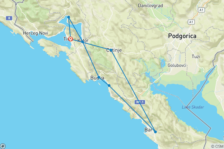 Kaart van Montenegro 3 dagen ontdekkingstocht buiten het seizoen vanuit Tivat. Bezoek Kotor, Budva, Stari Bar, Dajbabe, Cetinje.