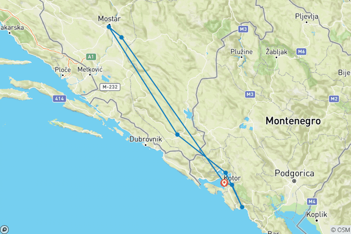 Karte von Ganzjährig: Bosnien+Montenegro Mini-Entdeckungsreise ab Tivat: Kotor, Budva, Perast, Trebinje, Vjetrenica-Höhle, Mostar. UNESCO-Stätten wie altertümliche Klöster, Festungen und Städte. Natur. Architektur. Kultur. Wein. Kulinarik. Geschichte. (4 Tage…