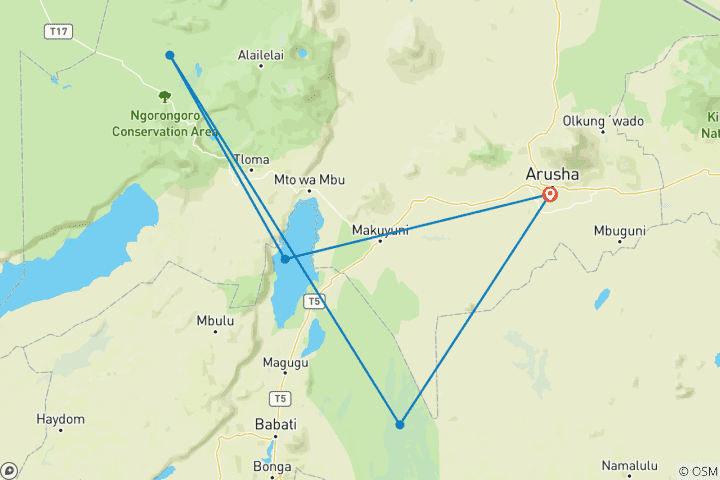 Map of Best 3 day Tanzania Camping Safari from Arusha with Reasonable Price.