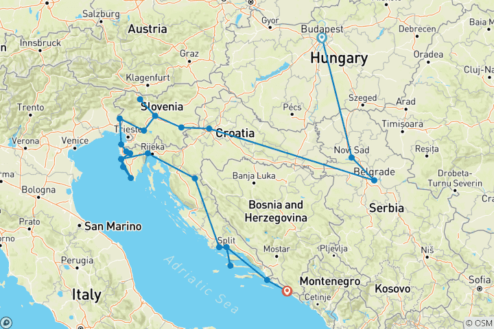 Mapa de Balcanes extendidos - De Budapest a Dubrovnik