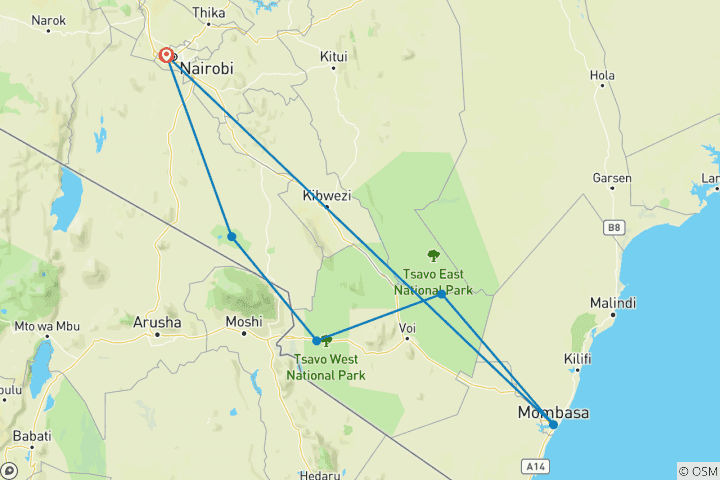 Map of 8-Days Kenya Best Wildlife Safari & Diani Beach Holiday