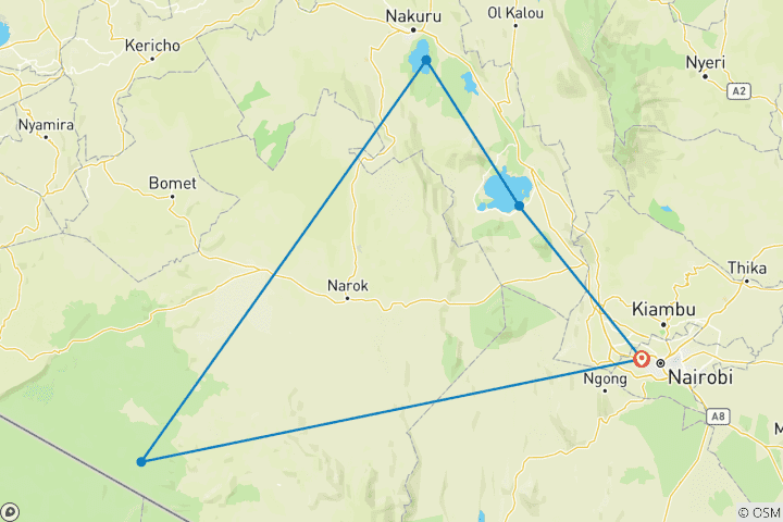 Map of 5 Day Masai Mara, Nakuru, Naivasha, Joining Group Budget Safari