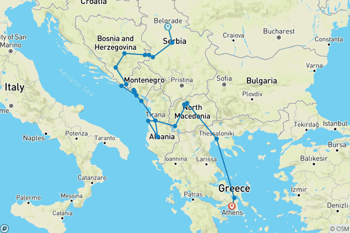 Carte du circuit Balkans cachés avec la Grèce