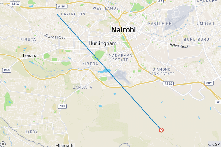 Mapa de La mejor circuito de un día a Nairobi: circuito guiado al Parque Nacional de Nairobi, orfanato de elefantes y centro de jirafas