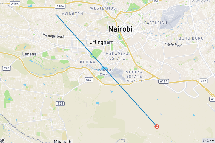 Mapa de Lo mejor de Nairobi: circuito de un día desde Nairobi al centro de la jirafa, el orfanato de elefantes, la Fábrica de Abalorios Kazuri y las Bomas de Kenia