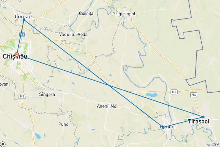 Carte du circuit 1 JOUR : depuis Chisinau, visite de la Transnistrie, retour à l'Union soviétique, et dégustation de vins de Cricovie.