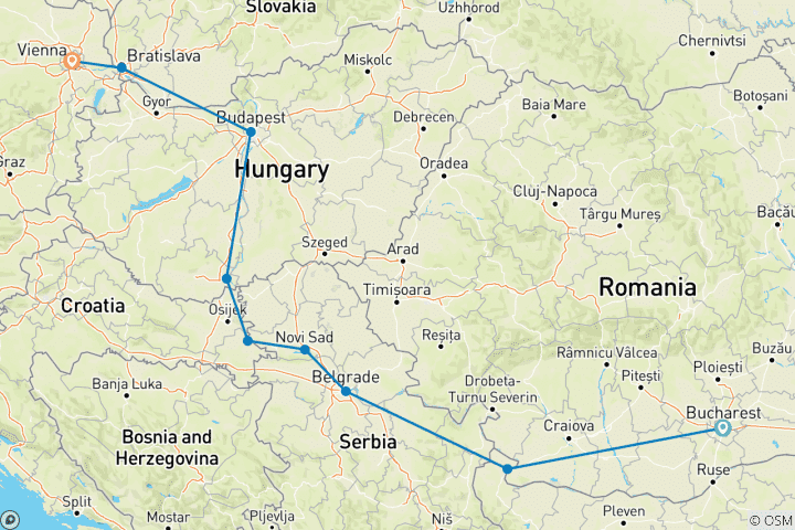 Karte von Donau Serenade: Romantische Reise von Turnu Magurele (Bukarest) nach Wien mit MS Fidelio