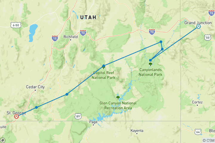 Map of Mighty Five Adventure (from Grand Junction to Zion National Park)