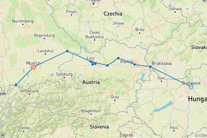 Mapa de Sinfonía del Danubio con 1 noche en Budapest y 2 noches en Múnich (en dirección oeste) 2026