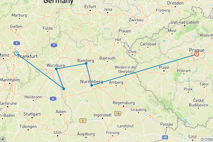 Karte von Festtage im Herzen von Deutschland - mit 2 Nächten in Prag 2023 (von Frankfurt am Main bis Prag)