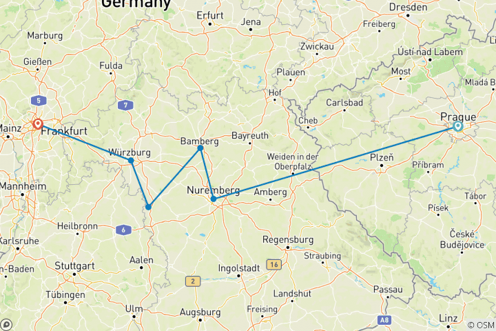 Mapa de Fiestas en el corazón de Alemania con 2 noches en Praga 2023 (from Praga to Fráncfort del Meno)