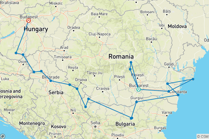 Map of The Danube from the Black Sea to Budapest with 2 Nights in Transylvania & 1 Night in Budapest