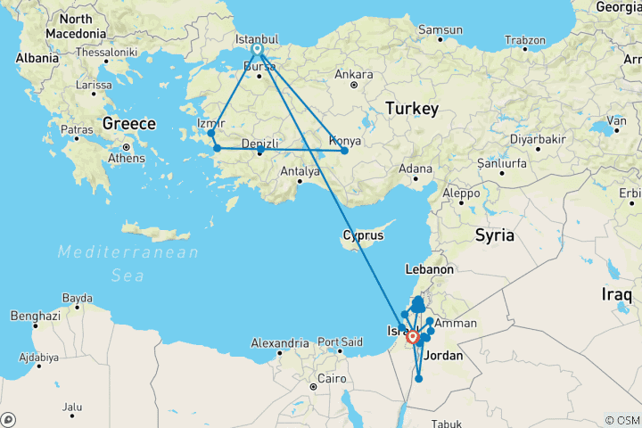 Carte du circuit Spectaculaire Méditerranée : Turquie, Israël et Jordanie - 18 jours