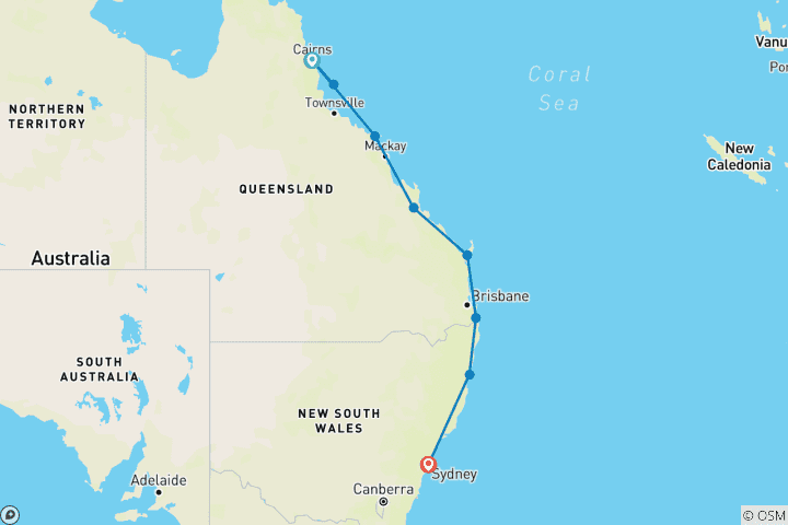 Map of East Coast Beaches and Reef (2024/2025, 12 Days)