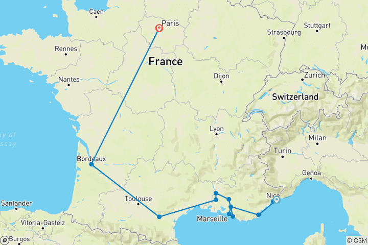 Map of Ultimate Southern France (Small Groups, End Paris, 15 Days)