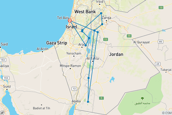 Map of Israel & Jordan Charming Tour - 8 Days