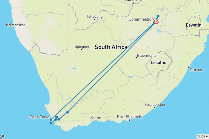 Carte du circuit Circuit terrestre de 5 jours - Johannesburg et Le Cap