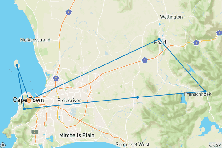 Mapa de Excursión de 6 días y 5 noches a Ciudad del Cabo