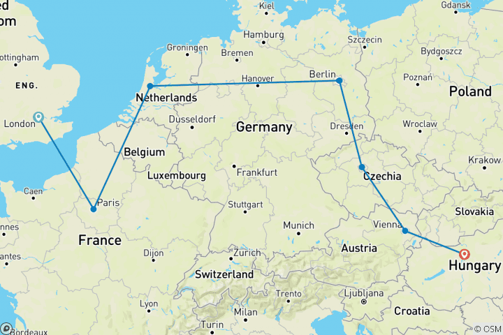 Kaart van Trein van Londen naar Boedapest (Winter, 15 dagen)