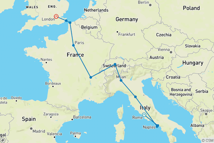 Map of Rome to London Vistas (10 Days)