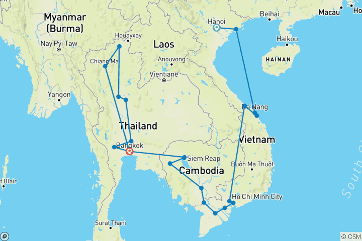 Map of Ultimate Vietnam & Cambodia & Thailand ends Bangkok (4 Star Hotels)