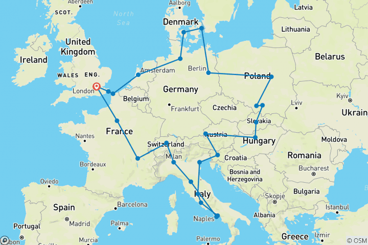 Carte du circuit Visions européennes (hiver, départ de Londres, 28 jours)