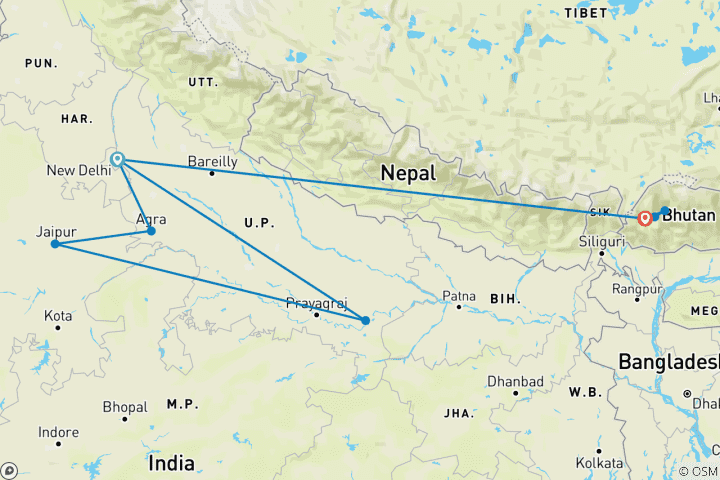 Carte du circuit Triangle d'or de l'Inde et Gange avec le Bhoutan royal - 16 jours