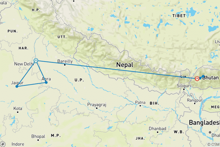 Mapa de Explora Bután con el triángulo de oro de la India - 12 días