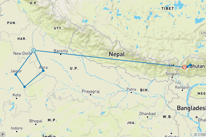 Carte du circuit Classique Bhoutan & Inde Triangle d'Or & Tigres