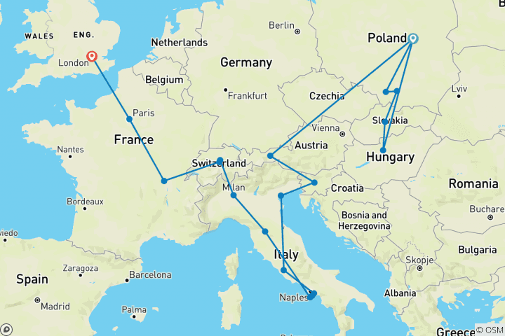 Map of Warsaw to London Vistas (Summer, 19 Days)