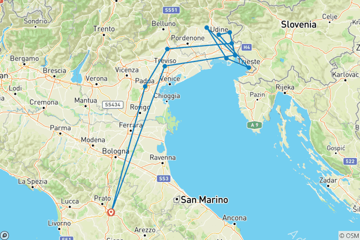 Carte du circuit Frioul-Vénétie Julienne : expérience privée pour découvrir les vins et les saveurs d'un territoire unique