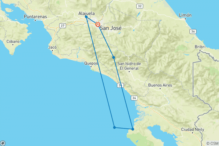 Kaart van Eco-toerisme in Costa Rica – regenwouden, koffie & de kust