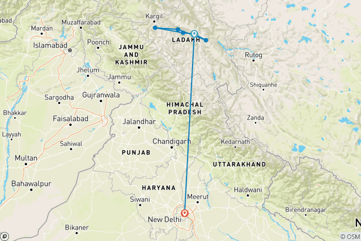 Map of Hiking the High Tibetan Monasteries of Ladakh