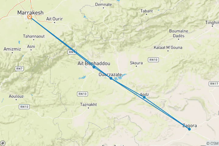 Carte du circuit 2 jours d'excursion au camp de Zagora, vallée du Draa, nuit sous la tente