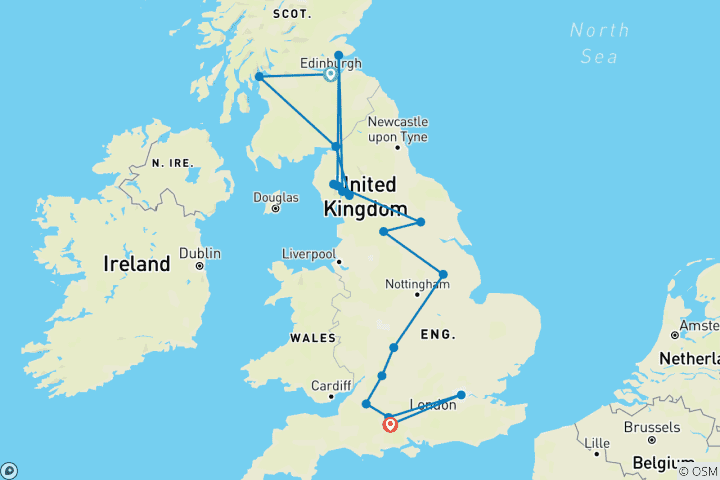 Carte du circuit Elégance de la Grande-Bretagne (classique, été, départ d'Édimbourg, 11 jours)