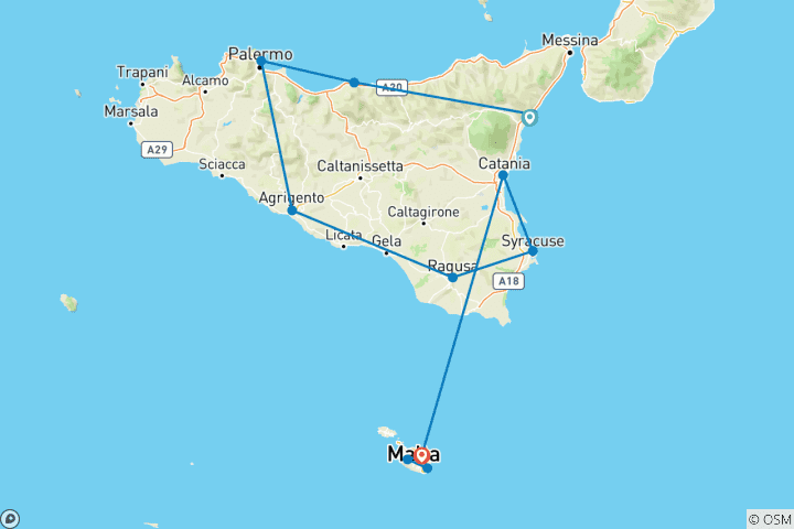 Carte du circuit Découverte approfondie de la Sicile (classique, fin Malte, 6 jours, 12 jours)