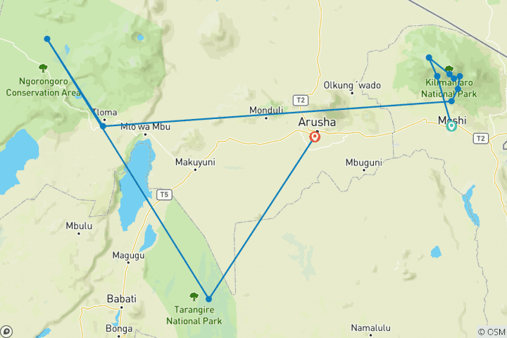 Map of 8 DAYS KILIMANJARO CLIMBING VIA MACHAME ROUTE PLUS 2 DAYS SAFARI & AND VILLAGE TOUR