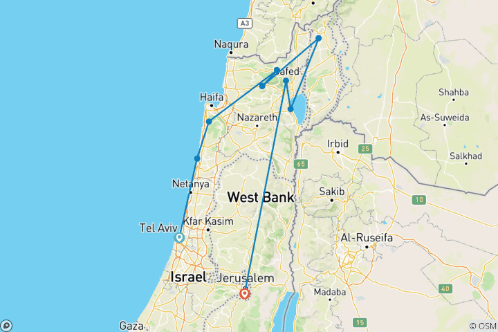 Karte von Israel: Tel Aviv - Rehovot - Caesarea - Haifa - Tzfat- Hula-Tal - Golanhöhen - Tiberias - Jerusalem - 11 Tage