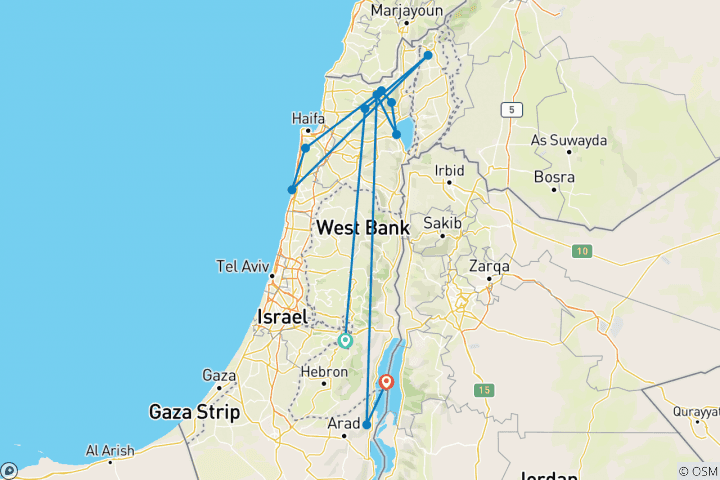 Map of Jewish Israel Luxury Tour 10 days (2+Travelers, 4* Hotels)