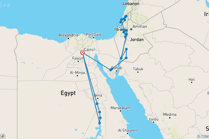 Karte von Rund um Israel, Jordanien und Ägypten - 2+Reisende, 4* Hotel (20 Tage)